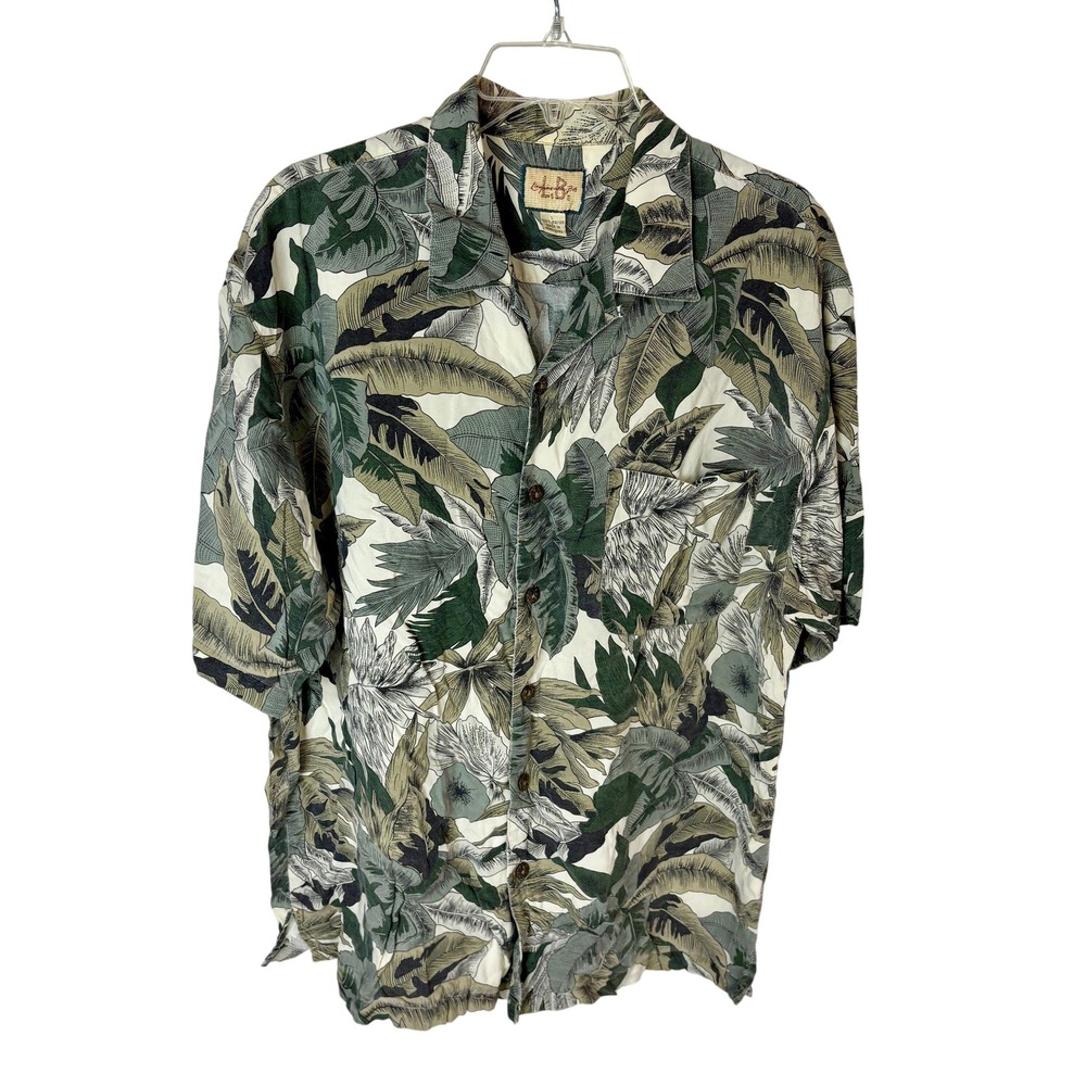 Muted Green‎ Tropical Leaves 90s Short Sleeve Rayon Button Down Hawaiian Shirt